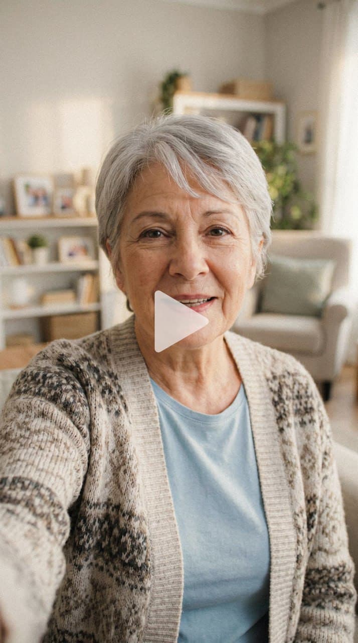 A grandmother recording a video message for a child's archive