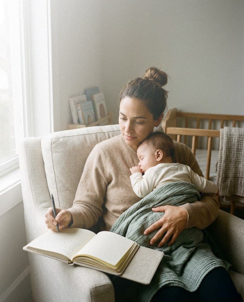 A parent holding a baby while writing a memory