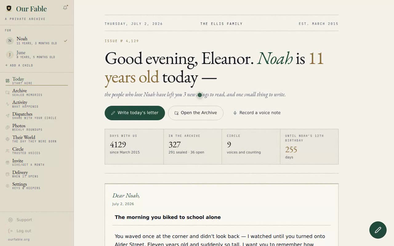 The Our Fable dashboard for a demo family: an archive of sealed letters, voice notes, and photos